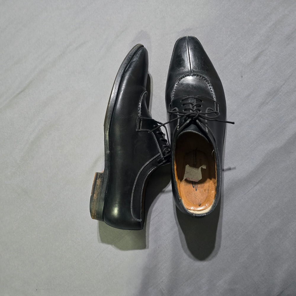 santoni Apron Toe Oxford Mens 10 Black Italian Leather Dress Shoe